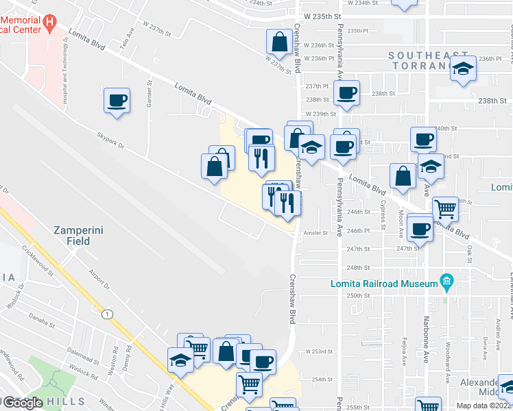 map of restaurants, bars, coffee shops, grocery stores, and more near 39 in Torrance
