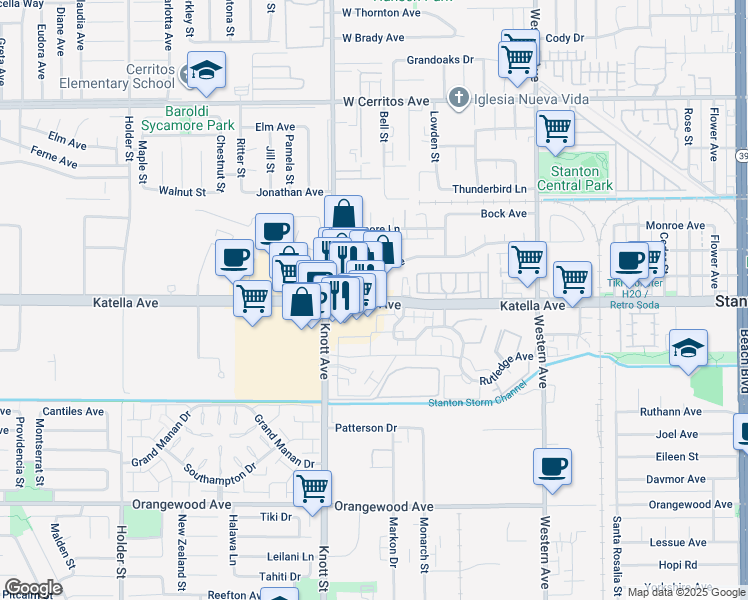 map of restaurants, bars, coffee shops, grocery stores, and more near 7271 Katella Avenue in Stanton
