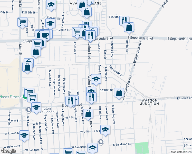 map of restaurants, bars, coffee shops, grocery stores, and more near 625 East 246th Street in Los Angeles