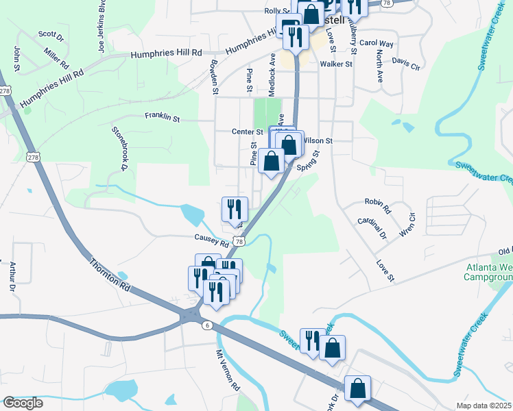 map of restaurants, bars, coffee shops, grocery stores, and more near 7201 Pine Street in Austell