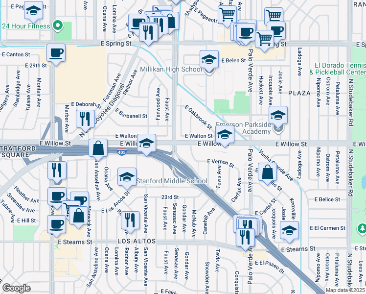map of restaurants, bars, coffee shops, grocery stores, and more near 2541 Gondar Avenue in Long Beach