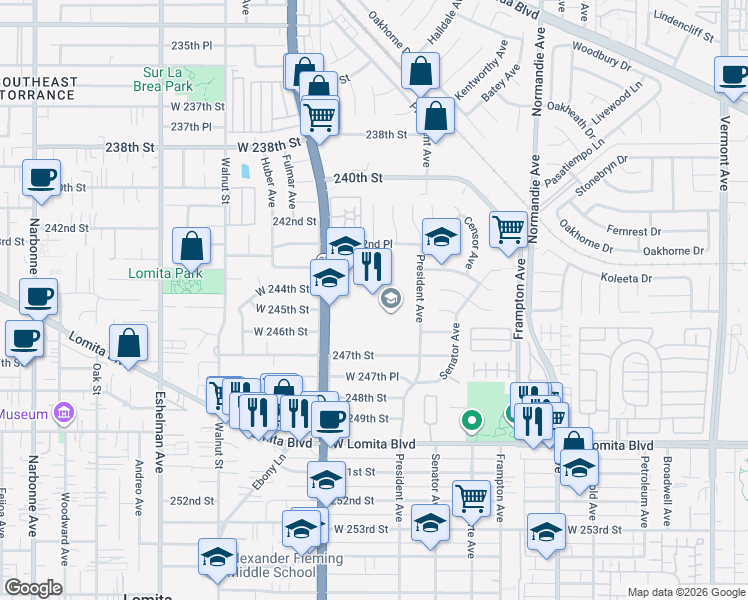 map of restaurants, bars, coffee shops, grocery stores, and more near 24300 South Western Avenue in Los Angeles