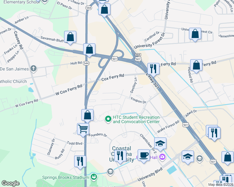 map of restaurants, bars, coffee shops, grocery stores, and more near 1760 Juniper Drive in Conway