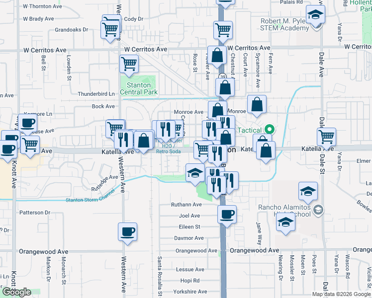 map of restaurants, bars, coffee shops, grocery stores, and more near 7813 Katella Avenue in Stanton