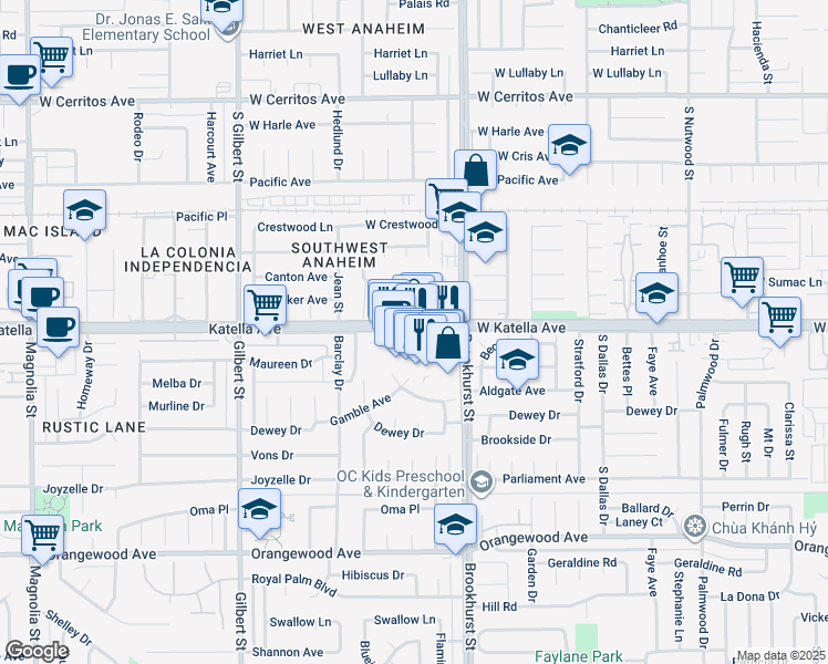 map of restaurants, bars, coffee shops, grocery stores, and more near 9896 Katella Avenue in Anaheim