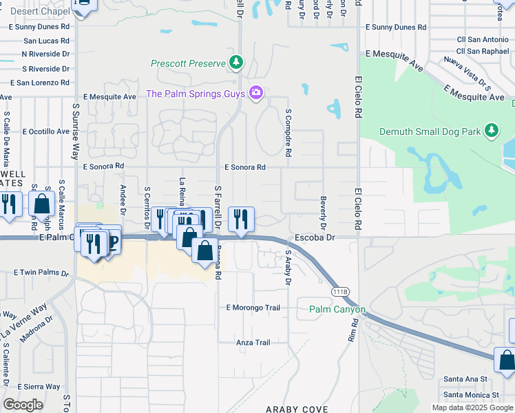 map of restaurants, bars, coffee shops, grocery stores, and more near 2755 Alondra Way in Palm Springs
