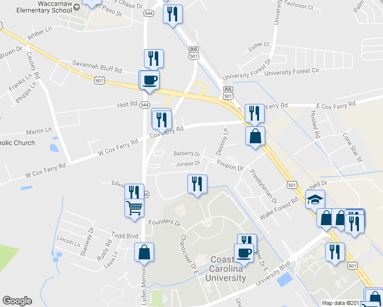 map of restaurants, bars, coffee shops, grocery stores, and more near 1789 Barberry Drive in Conway