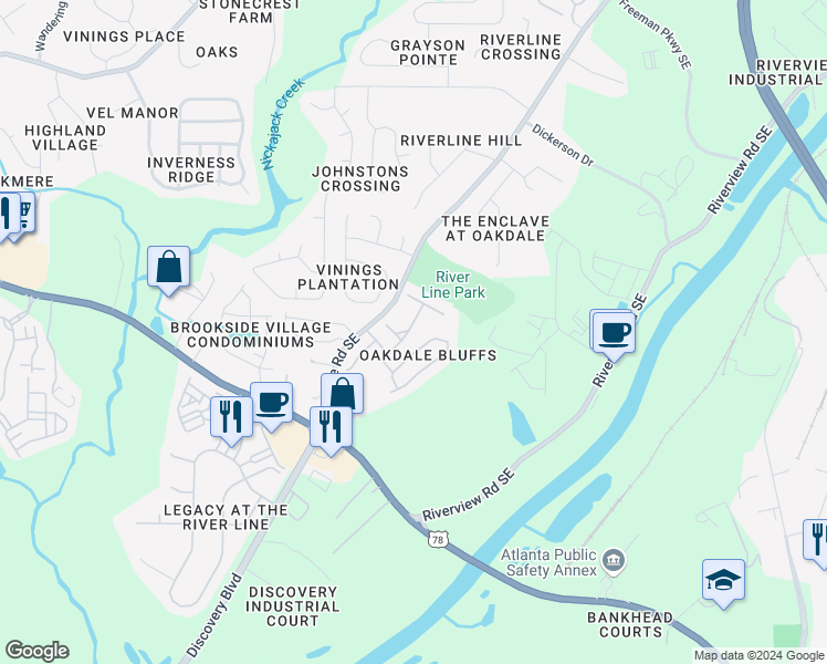 map of restaurants, bars, coffee shops, grocery stores, and more near 6039 Mayfield Way Southeast in Mableton