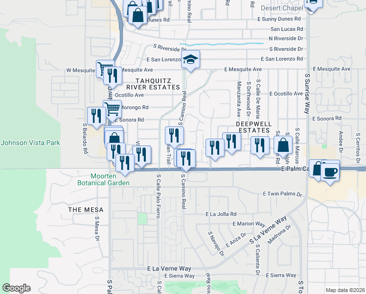 map of restaurants, bars, coffee shops, grocery stores, and more near 1620 South Indian Trail in Palm Springs