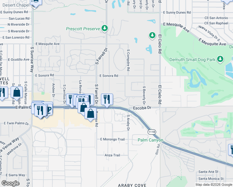 map of restaurants, bars, coffee shops, grocery stores, and more near 2795 Alondra Way in Palm Springs