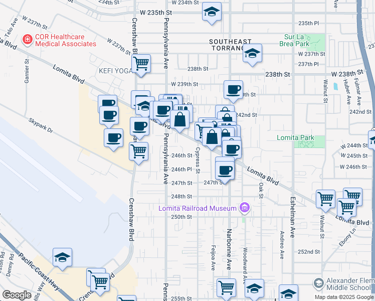 map of restaurants, bars, coffee shops, grocery stores, and more near 2323 246th Street in Lomita