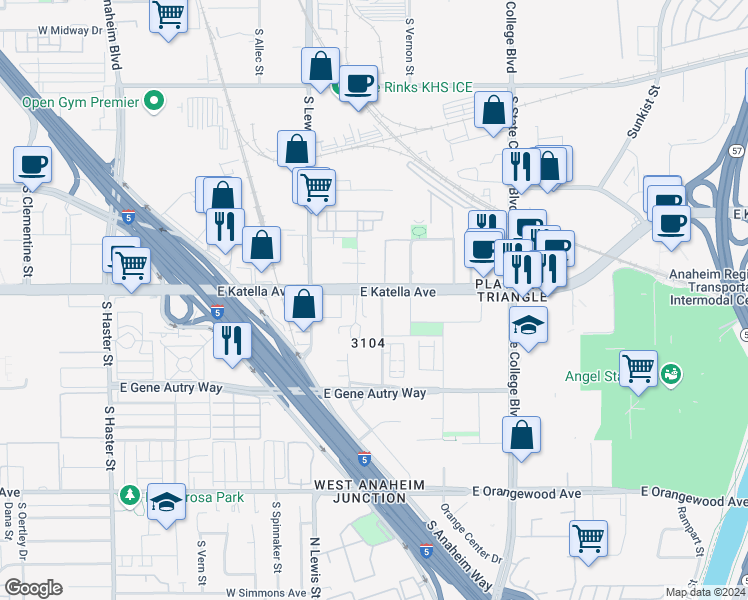 map of restaurants, bars, coffee shops, grocery stores, and more near 1030 East Katella Avenue in Anaheim