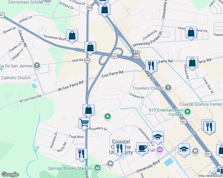 map of restaurants, bars, coffee shops, grocery stores, and more near 1812 Juniper Drive in Conway