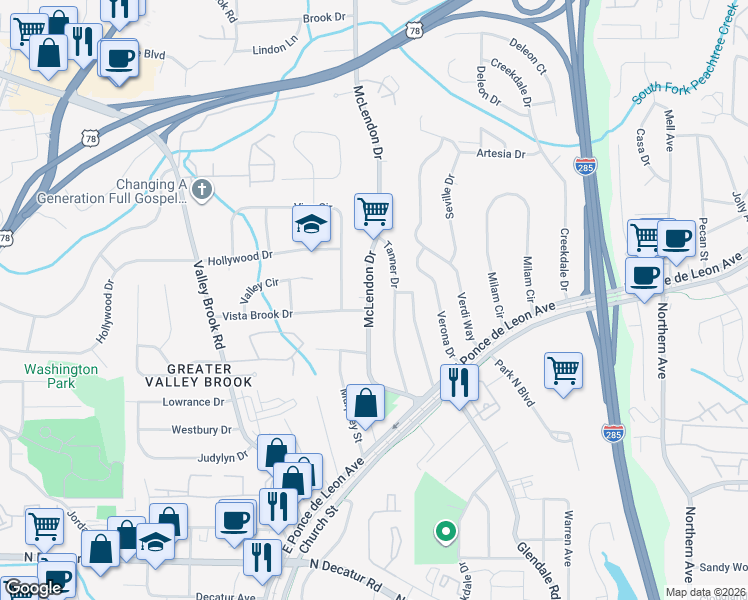 map of restaurants, bars, coffee shops, grocery stores, and more near 851 McLendon Drive in Scottdale