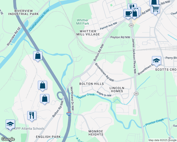 map of restaurants, bars, coffee shops, grocery stores, and more near 1769 Bolton Road Northwest in Atlanta