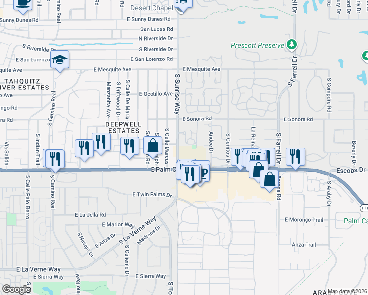 map of restaurants, bars, coffee shops, grocery stores, and more near 1719 Capri Circle in Palm Springs