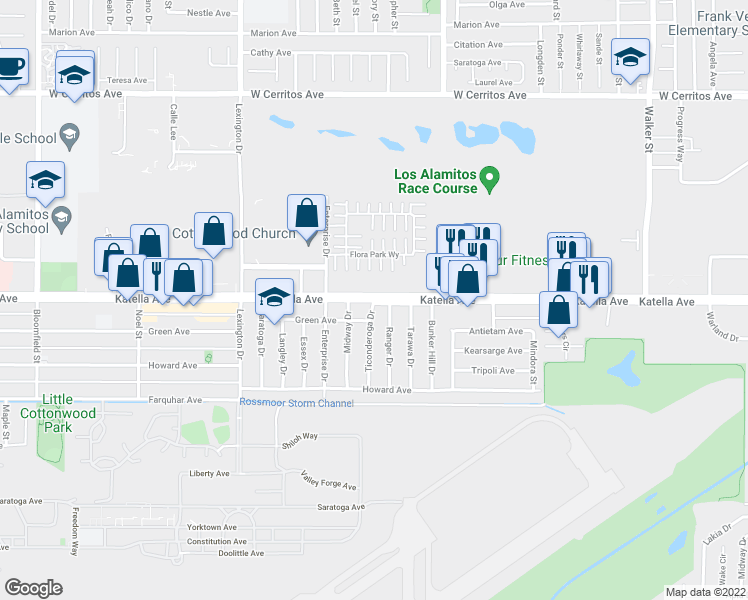 map of restaurants, bars, coffee shops, grocery stores, and more near Katella Ave & Ticonderoga Dr in Cypress