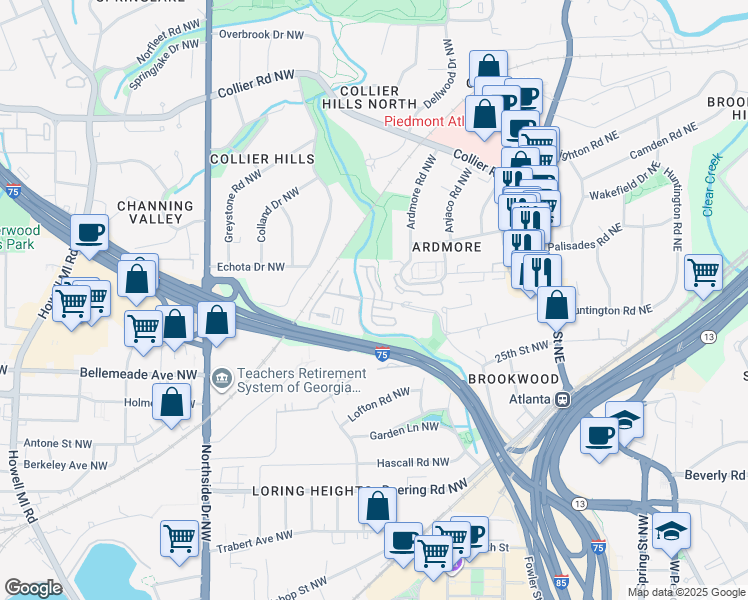 map of restaurants, bars, coffee shops, grocery stores, and more near 290 Semel Circle Northwest in Atlanta