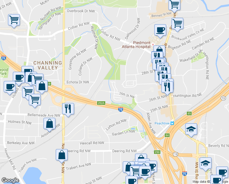 map of restaurants, bars, coffee shops, grocery stores, and more near 274 Semel Circle Northwest in Atlanta