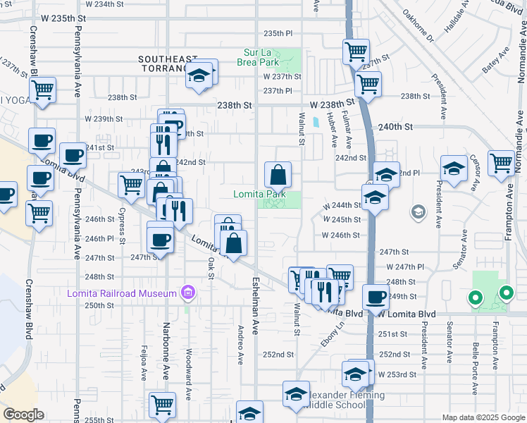map of restaurants, bars, coffee shops, grocery stores, and more near 24502 Eshelman Avenue in Lomita