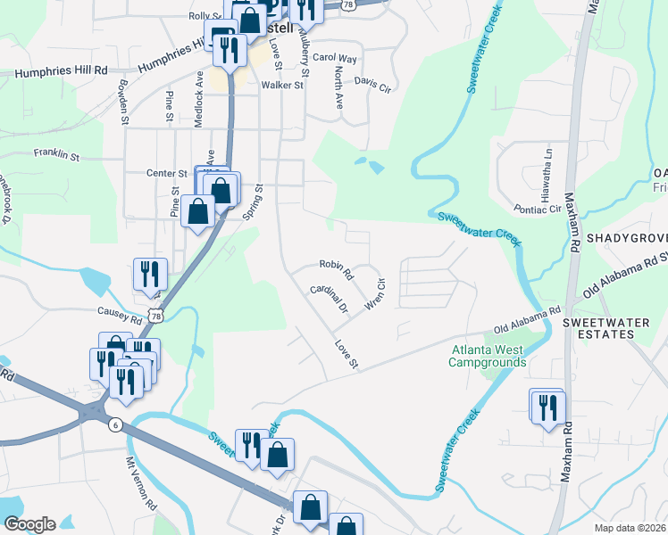 map of restaurants, bars, coffee shops, grocery stores, and more near 9 Cardinal Drive in Austell