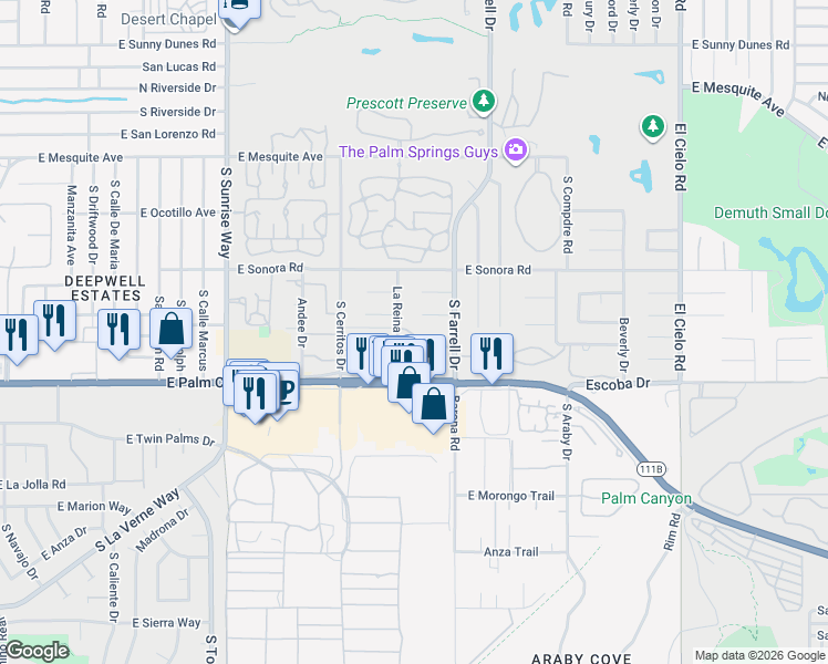 map of restaurants, bars, coffee shops, grocery stores, and more near 1655 La Reina Way in Palm Springs