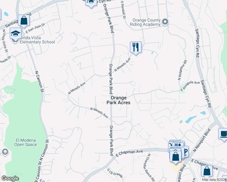map of restaurants, bars, coffee shops, grocery stores, and more near 20121 East Amapola Avenue in Orange