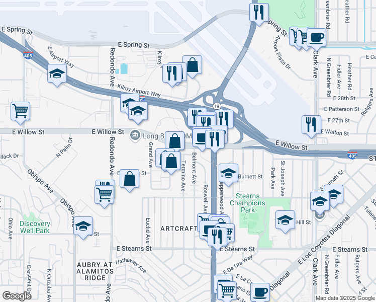 map of restaurants, bars, coffee shops, grocery stores, and more near 2531 Belmont Avenue in Long Beach