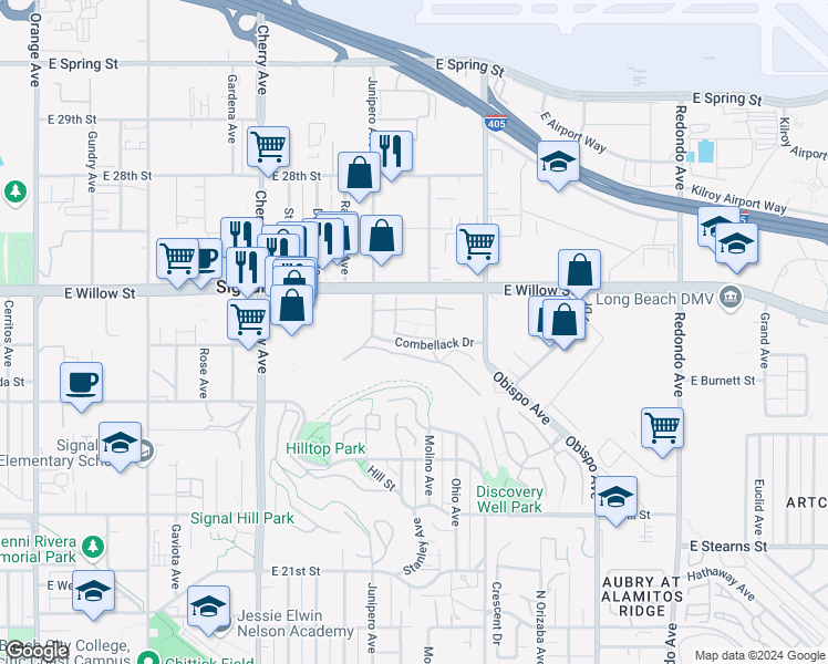 map of restaurants, bars, coffee shops, grocery stores, and more near 2512 Combellack Drive in Signal Hill