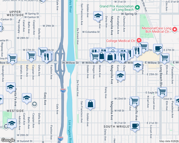 map of restaurants, bars, coffee shops, grocery stores, and more near 2495 Oregon Avenue in Long Beach