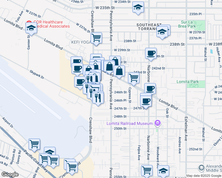 map of restaurants, bars, coffee shops, grocery stores, and more near 24369 Pennsylvania Avenue in Lomita
