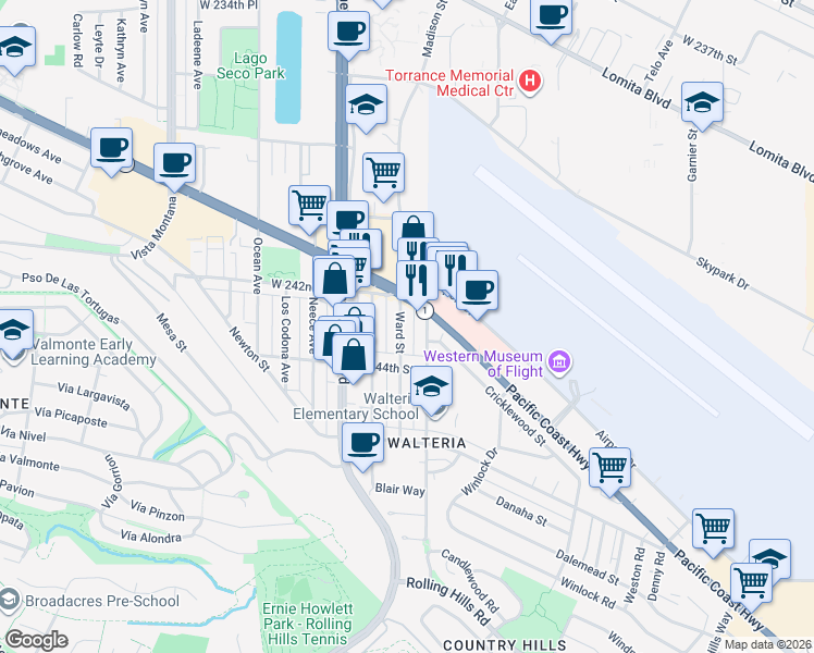 map of restaurants, bars, coffee shops, grocery stores, and more near 24242 Ward Street in Torrance