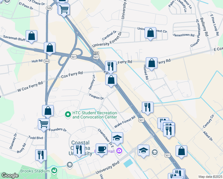 map of restaurants, bars, coffee shops, grocery stores, and more near 120 Carolina Road in Conway