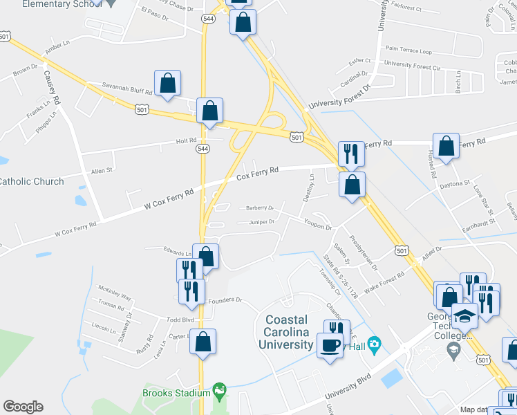 map of restaurants, bars, coffee shops, grocery stores, and more near 1789 Barberry Drive in Conway