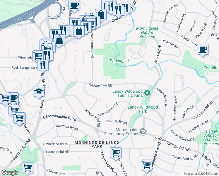 map of restaurants, bars, coffee shops, grocery stores, and more near 905 Wildwood Road Northeast in Atlanta