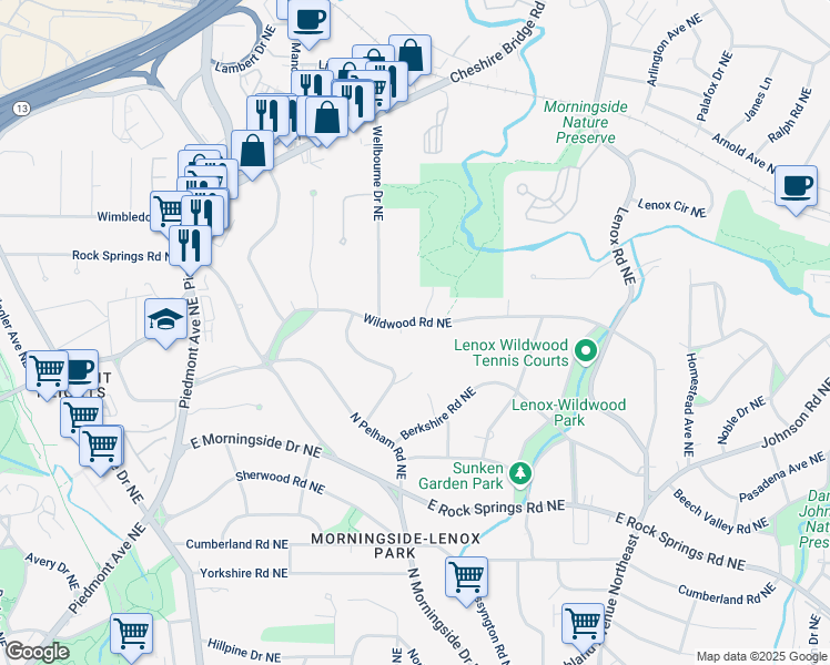 map of restaurants, bars, coffee shops, grocery stores, and more near 883 Wildwood Road Northeast in Atlanta