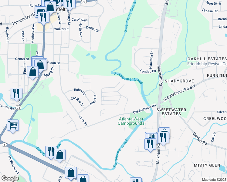 map of restaurants, bars, coffee shops, grocery stores, and more near 164 Chickasaw Lane in Austell