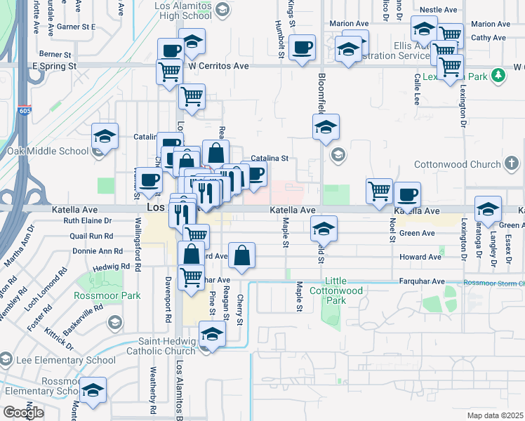 map of restaurants, bars, coffee shops, grocery stores, and more near 3800 Katella Avenue in Los Alamitos