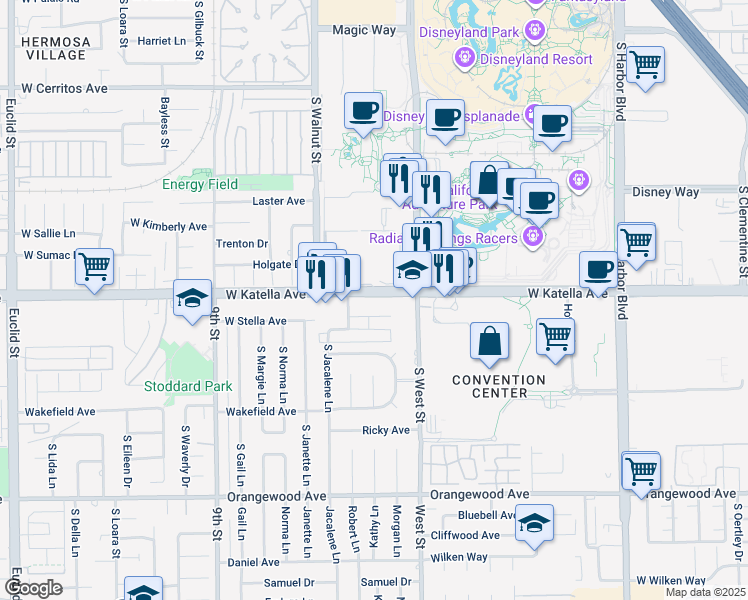 map of restaurants, bars, coffee shops, grocery stores, and more near 1126 West Katella Avenue in Anaheim
