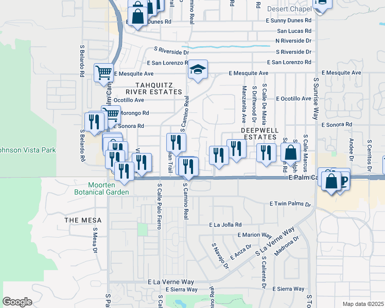 map of restaurants, bars, coffee shops, grocery stores, and more near 1552 South Camino Real in Palm Springs