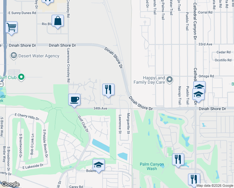 map of restaurants, bars, coffee shops, grocery stores, and more near 6241 Paseo De La Palma in Palm Springs