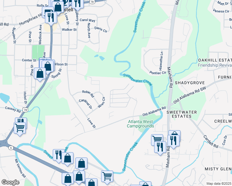 map of restaurants, bars, coffee shops, grocery stores, and more near 98-100 Creekway Drive in Austell