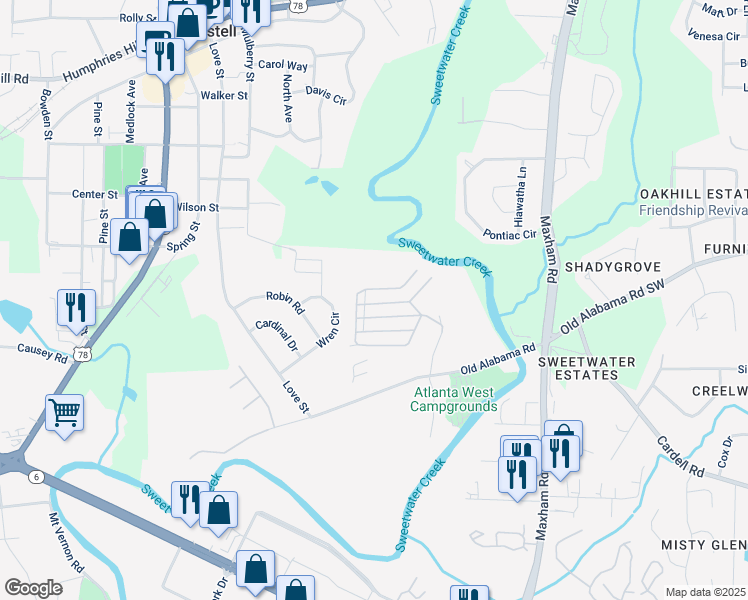map of restaurants, bars, coffee shops, grocery stores, and more near 164 Chickasaw Lane in Austell