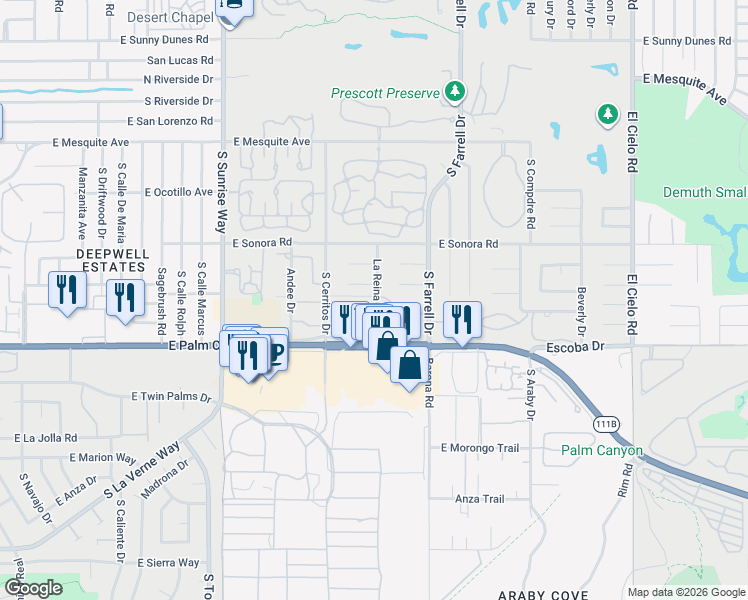 map of restaurants, bars, coffee shops, grocery stores, and more near 1601 La Reina Way in Palm Springs