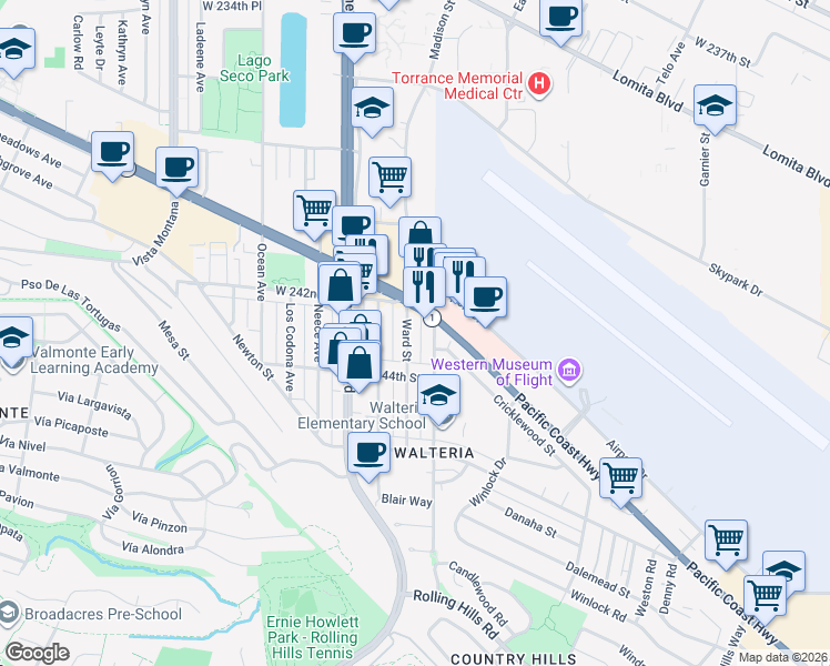 map of restaurants, bars, coffee shops, grocery stores, and more near 24242 Ward Street in Torrance