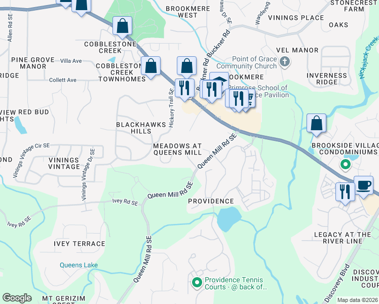 map of restaurants, bars, coffee shops, grocery stores, and more near 6216 Queen Meadow Drive Southeast in Mableton