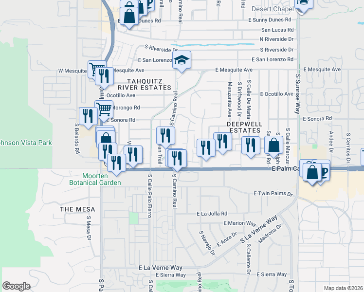map of restaurants, bars, coffee shops, grocery stores, and more near 1552 South Camino Real in Palm Springs