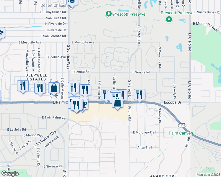 map of restaurants, bars, coffee shops, grocery stores, and more near 1601 La Reina Way in Palm Springs