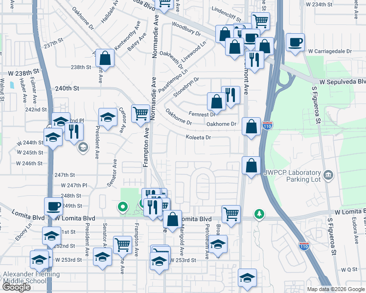 map of restaurants, bars, coffee shops, grocery stores, and more near 24403 Marigold Avenue in West Carson