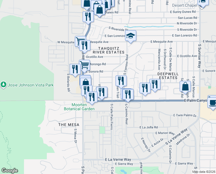 map of restaurants, bars, coffee shops, grocery stores, and more near 470 East Avenida Olancha in Palm Springs
